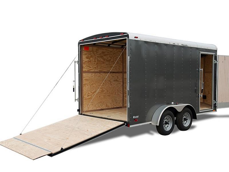 A Cargo Mate Blazer cargo trailer model with its doors open on a blank background.