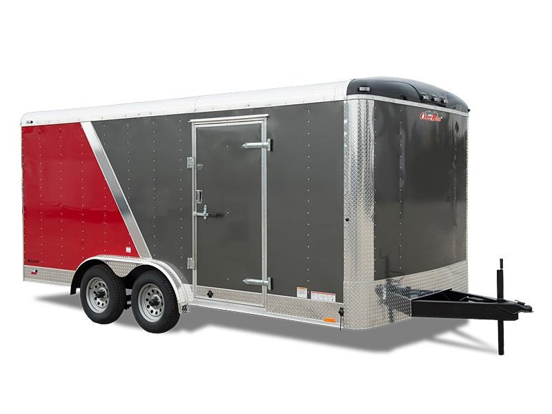 A red and gray Cargo Mate Blazer trailer model on a white background.